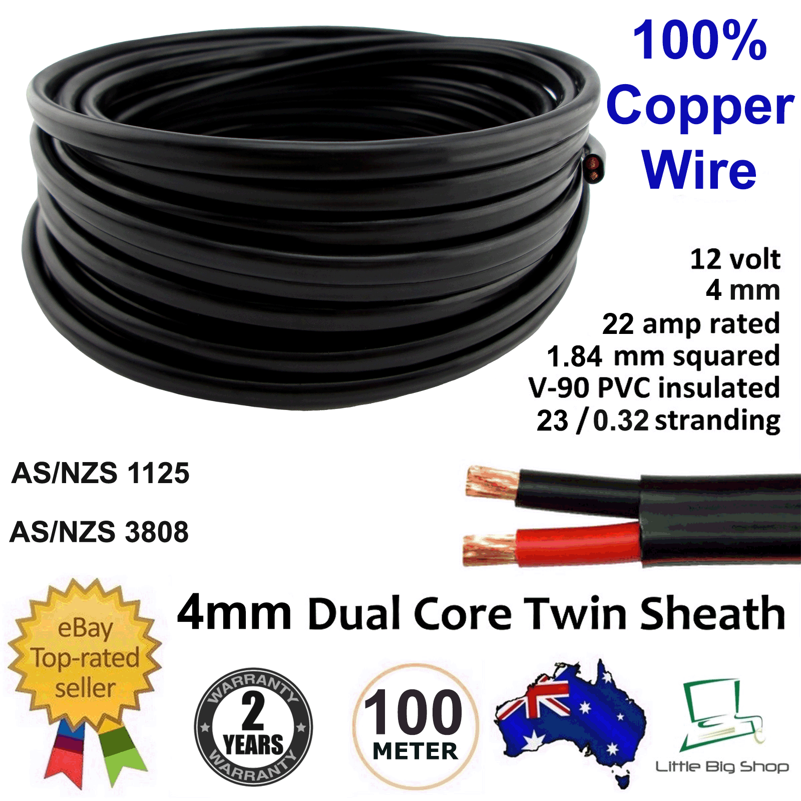 New 100M 4mm DUAL BATTERY AUTOMOTIVE CABLE 4 Twin Flat 2 Core Metre