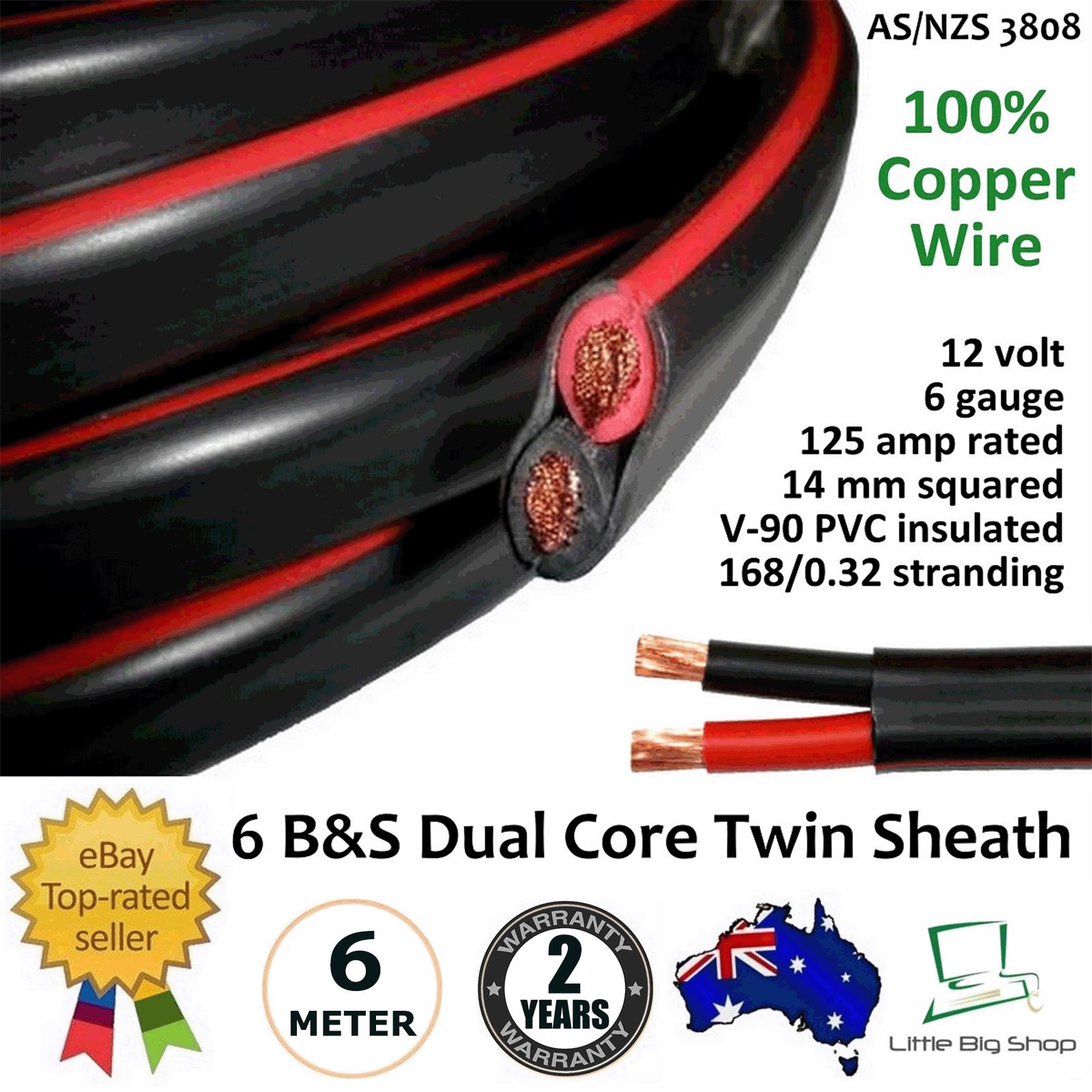 New 6m 6B&S DUAL BATTERY CABLE 6 B S Twin Core Auto Metre B&S 2 6BS BS