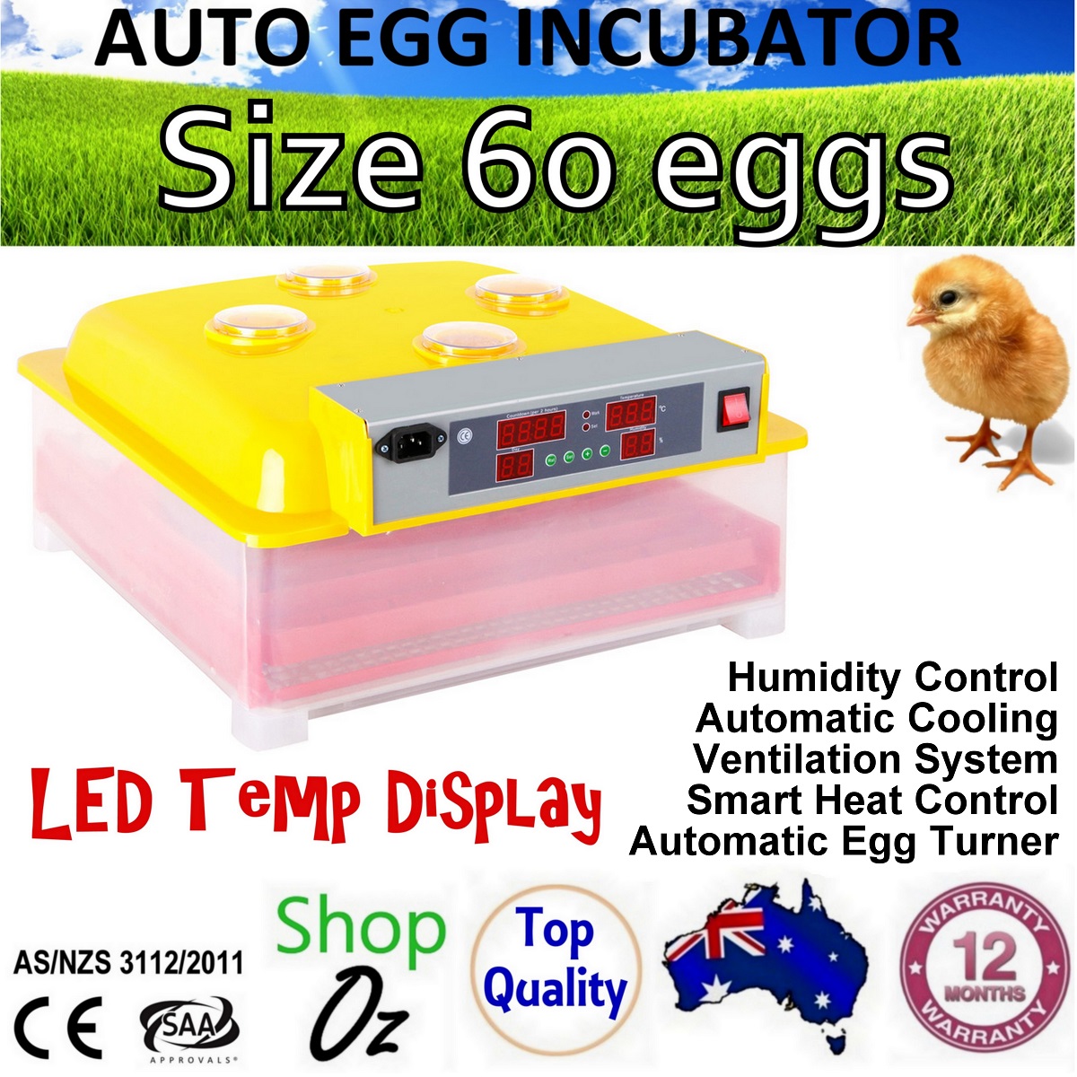 New 60 EGG AUTOMATIC CHICKEN INCUBATOR Poultry Turning Digital LED 